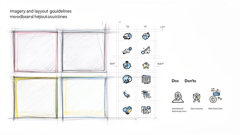 A hand-drawn sketch showing imagery, layout, and icon guidelines, including a moodboard grid and dos and don'ts.