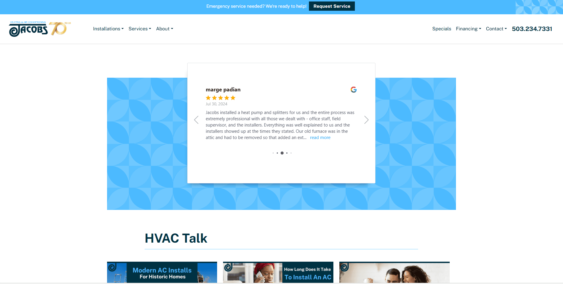 hvac website showcasing reiews