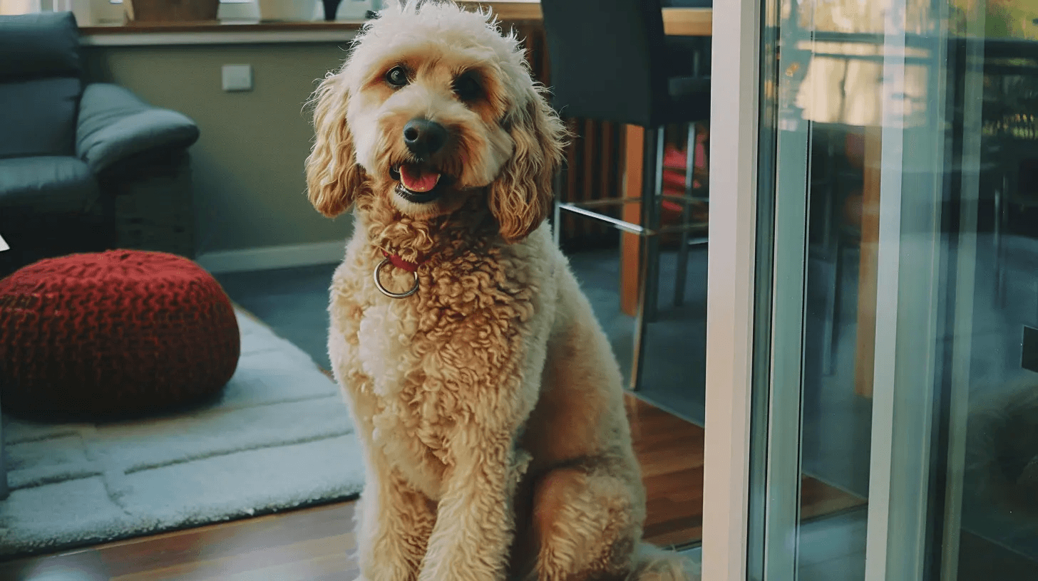 happy-dog-sitting-next-to-sliding-glass-patio-door