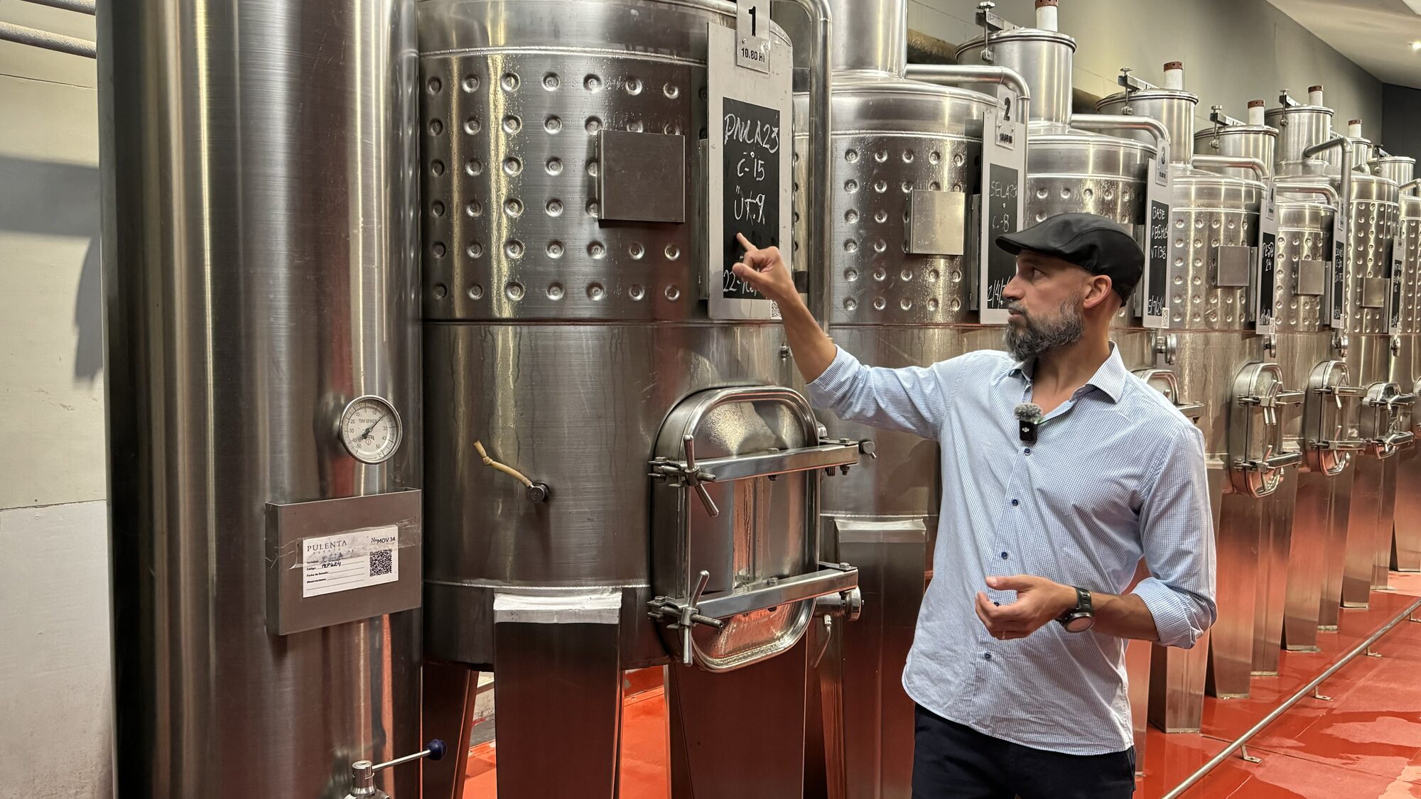 Javier Lo Forte explaining Pulenta Estate's six wine building blocks in the cellar