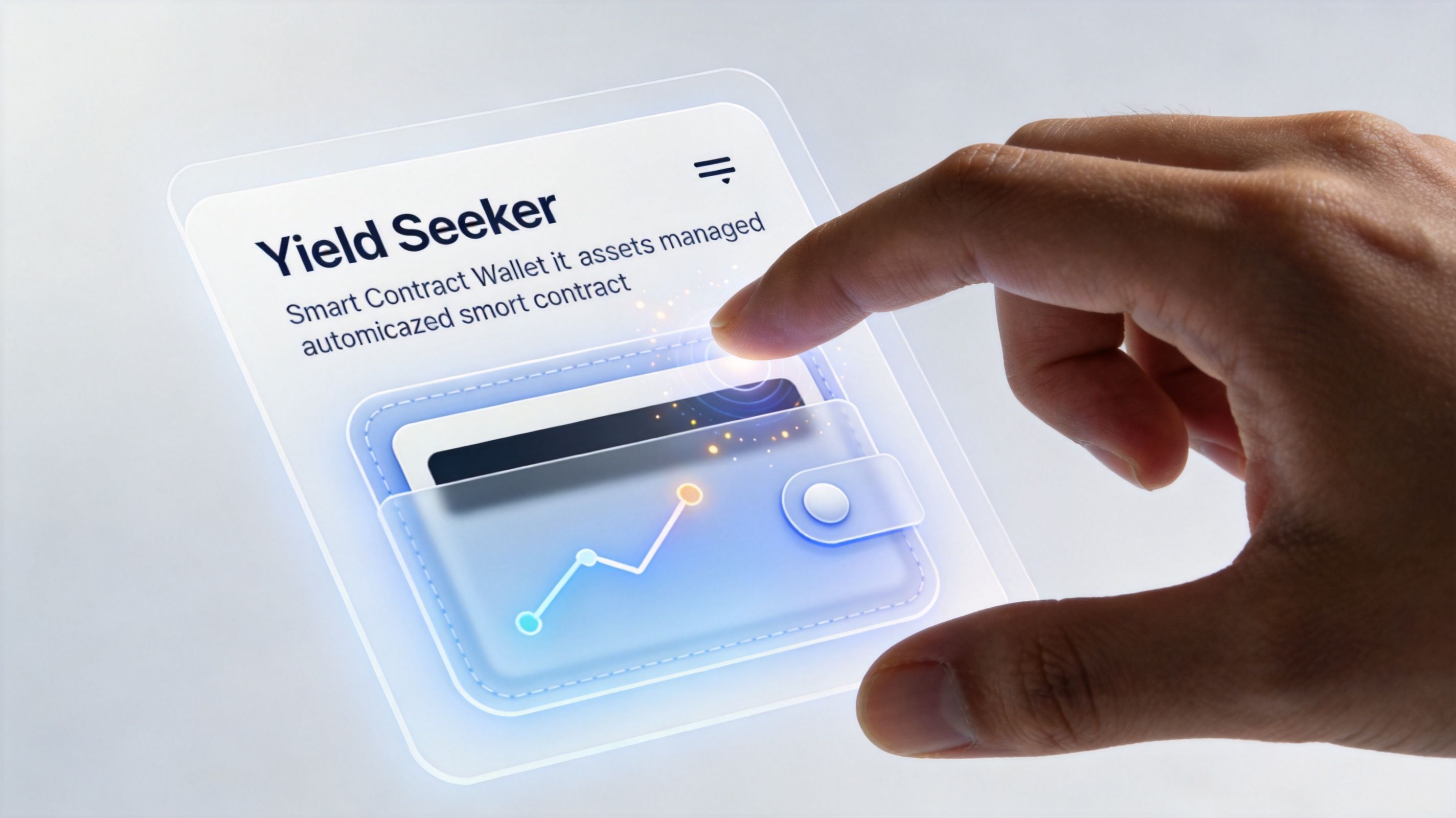 A close-up view of a hand interacting with a holographic interface representing a digital smart contract wallet.