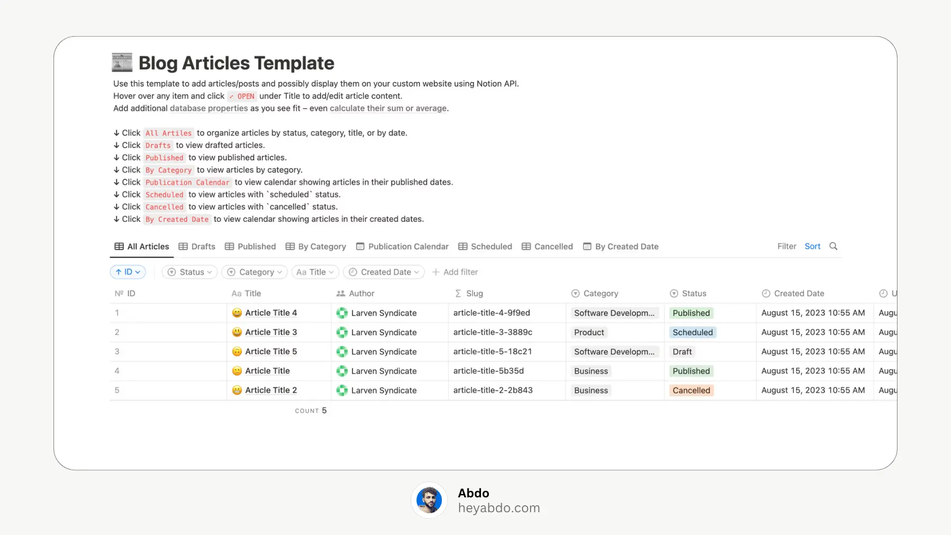 Blog Articles notion Template