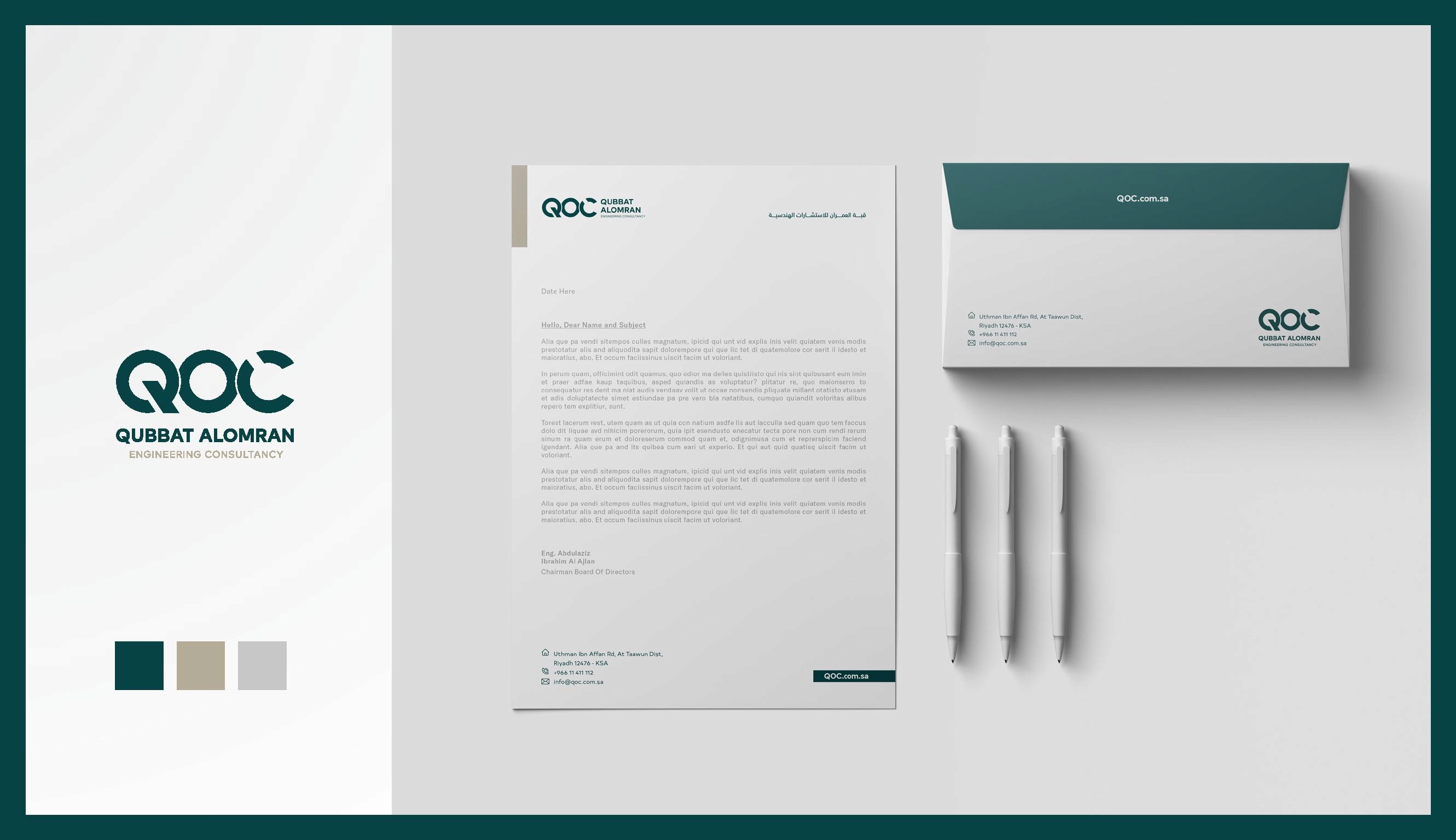 	Full stationery package for QOC including letterhead and business cards
