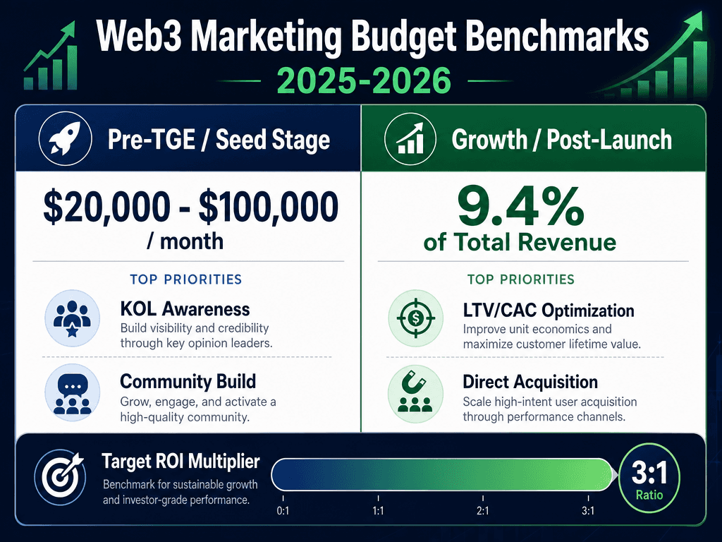 Comparison table of Web3 marketing budget benchmarks for Pre-TGE and Growth-stage crypto startups with target LTV to CAC ratios.