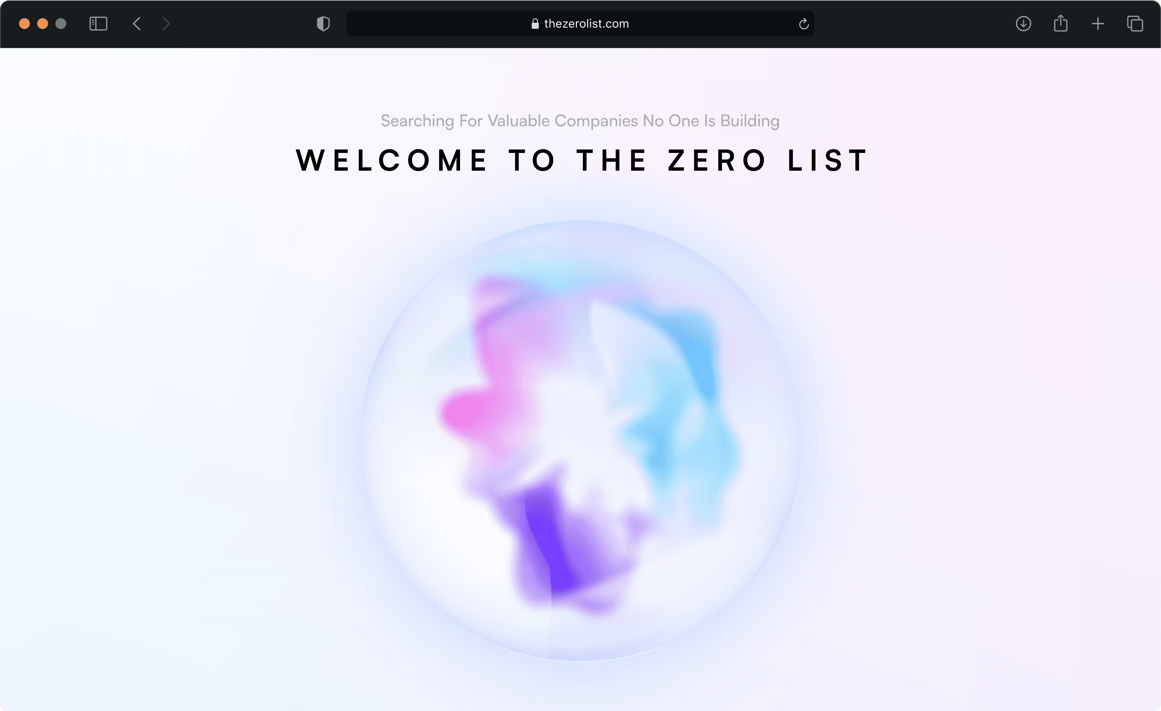 The Zero List website hero section with the interactive 3D AI orb called the list curator or CNO-1. The hero section also has a mesh ghraadient similar to microsofts soft pink and white mesh.