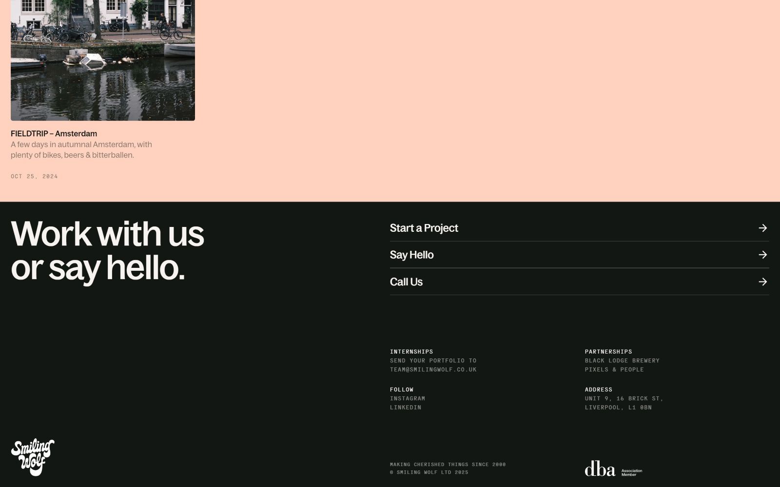 Pink header with Amsterdam canal photo. Text: "FIELDTRIP—Amsterdam" and details. Black section: "Work with us or say hello." Contact options listed.