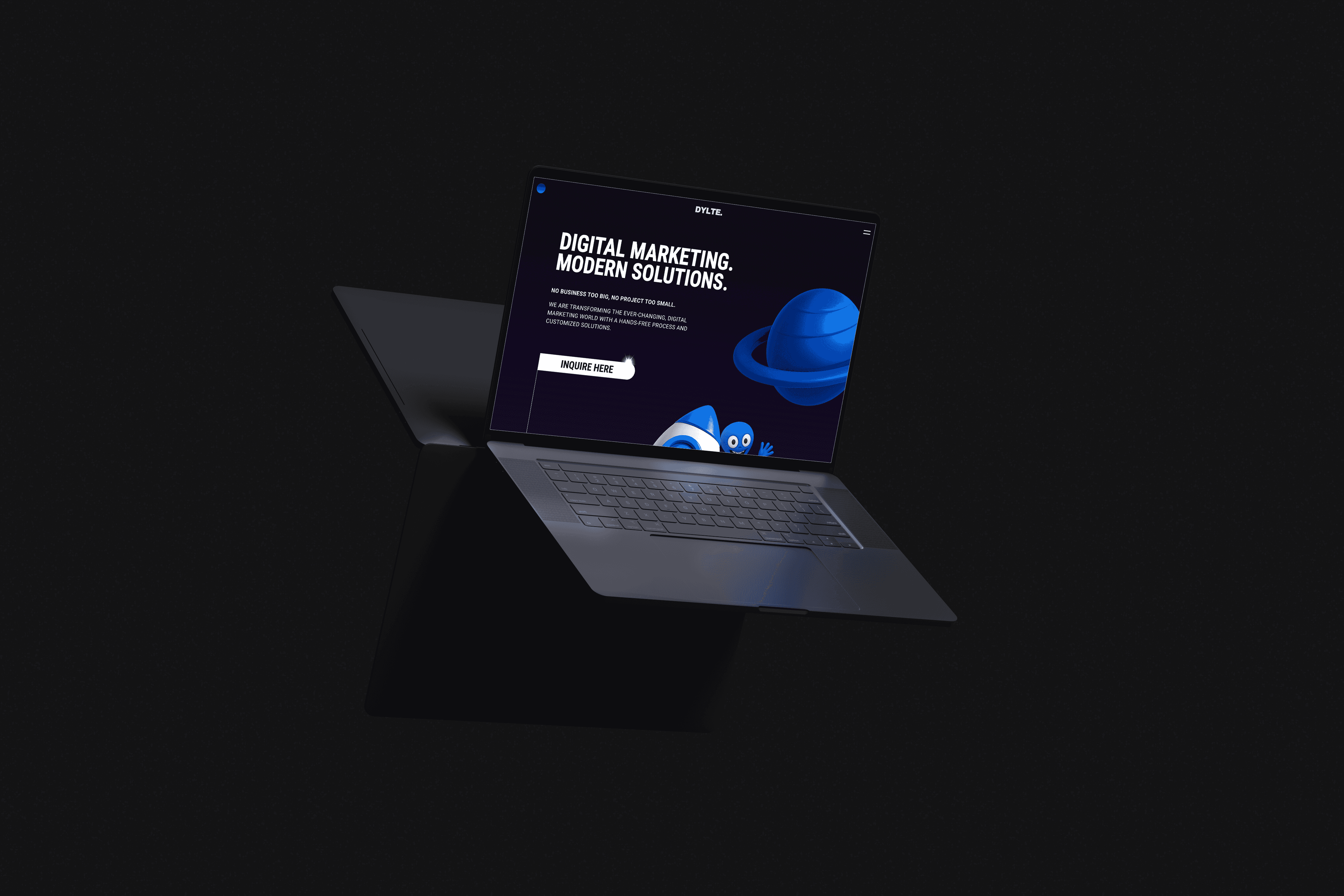 a floating laptop in a dark studio setting showcasing a website