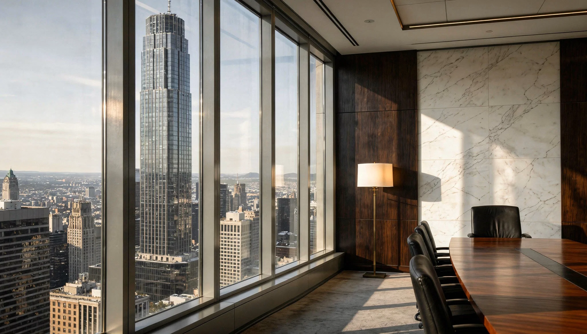 Interior corporate boardroom with a floor-to-ceiling window overlooking the city skyline.