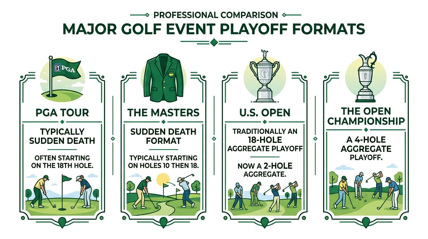 A graphic illustration comparing playoff formats for the PGA Tour, The Masters, U.S. Open, and The Open Championship.