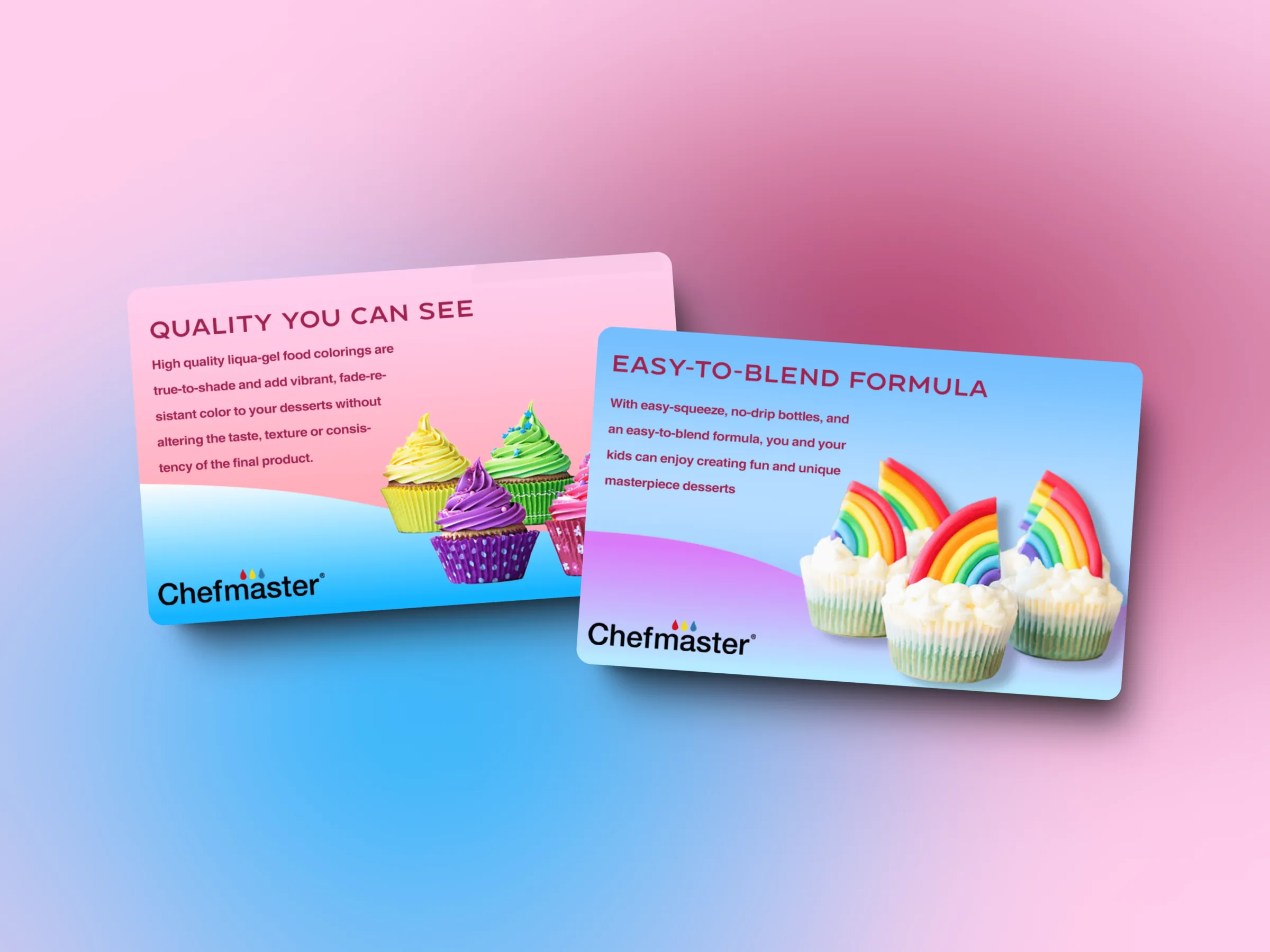 Two Chefmaster product cards, “Quality You Can See” and “Easy-to-Blend Formula,” angled on a pink and blue gradient.