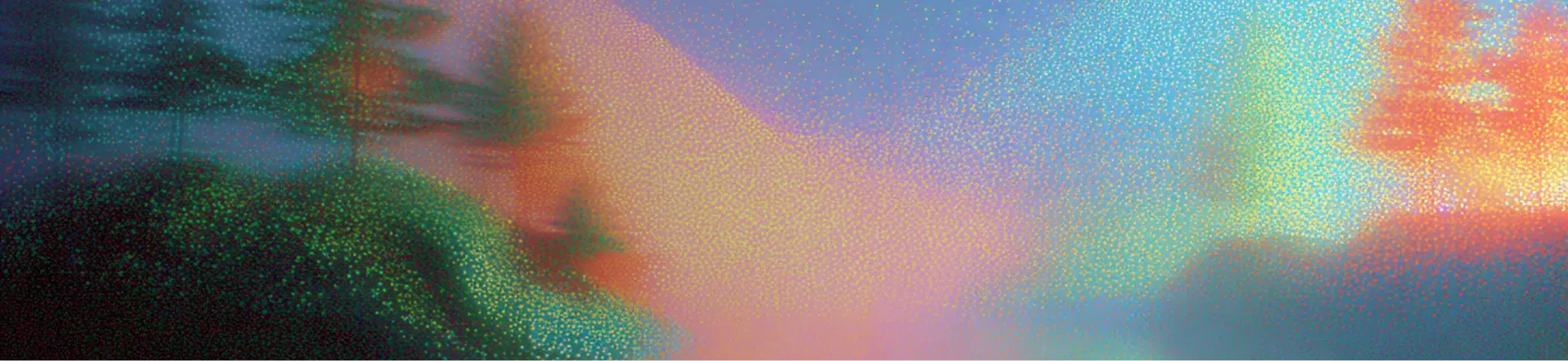 Abstract, vibrant hero image with a digital particle effect, showcasing a seamless glide of colors from deep teal to bright orange and blue.