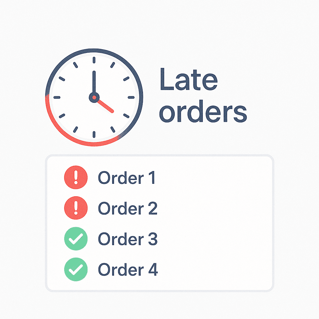 Flat illustration of a dashboard showing a clock labeled “Late orders” and a list of orders transitioning from red exclamation marks to green checkmarks.