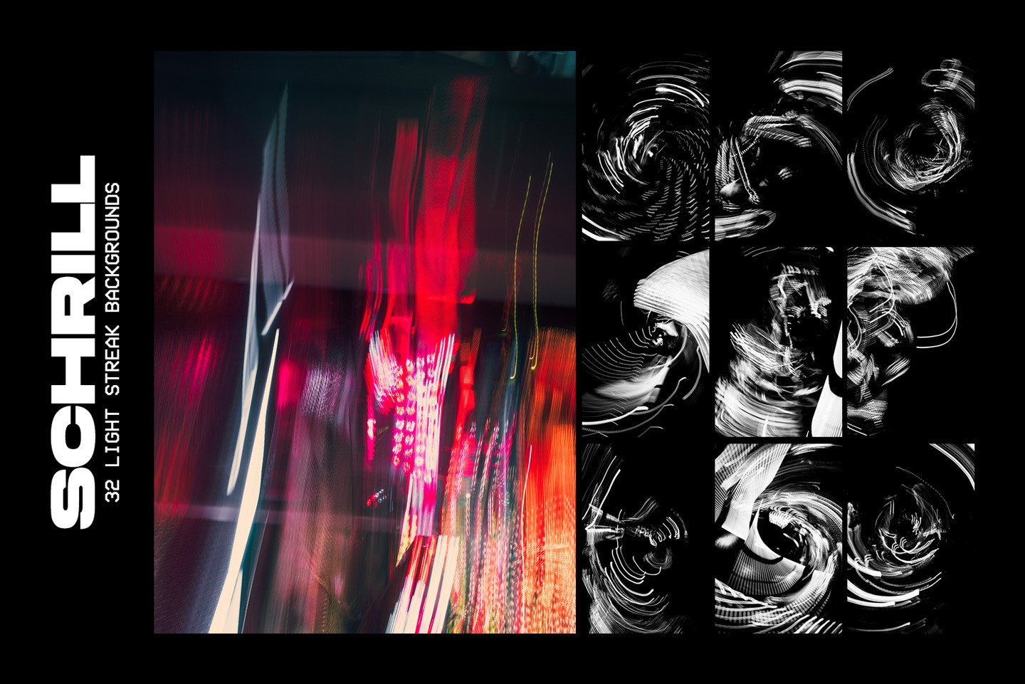 Thirty two light streak backgrounds featuring red and white motion blur effects on black backgrounds