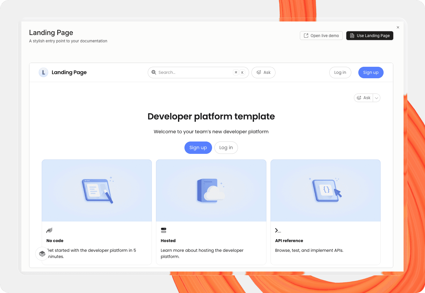 A screenshot showing Docs Landing Page template in GitBook