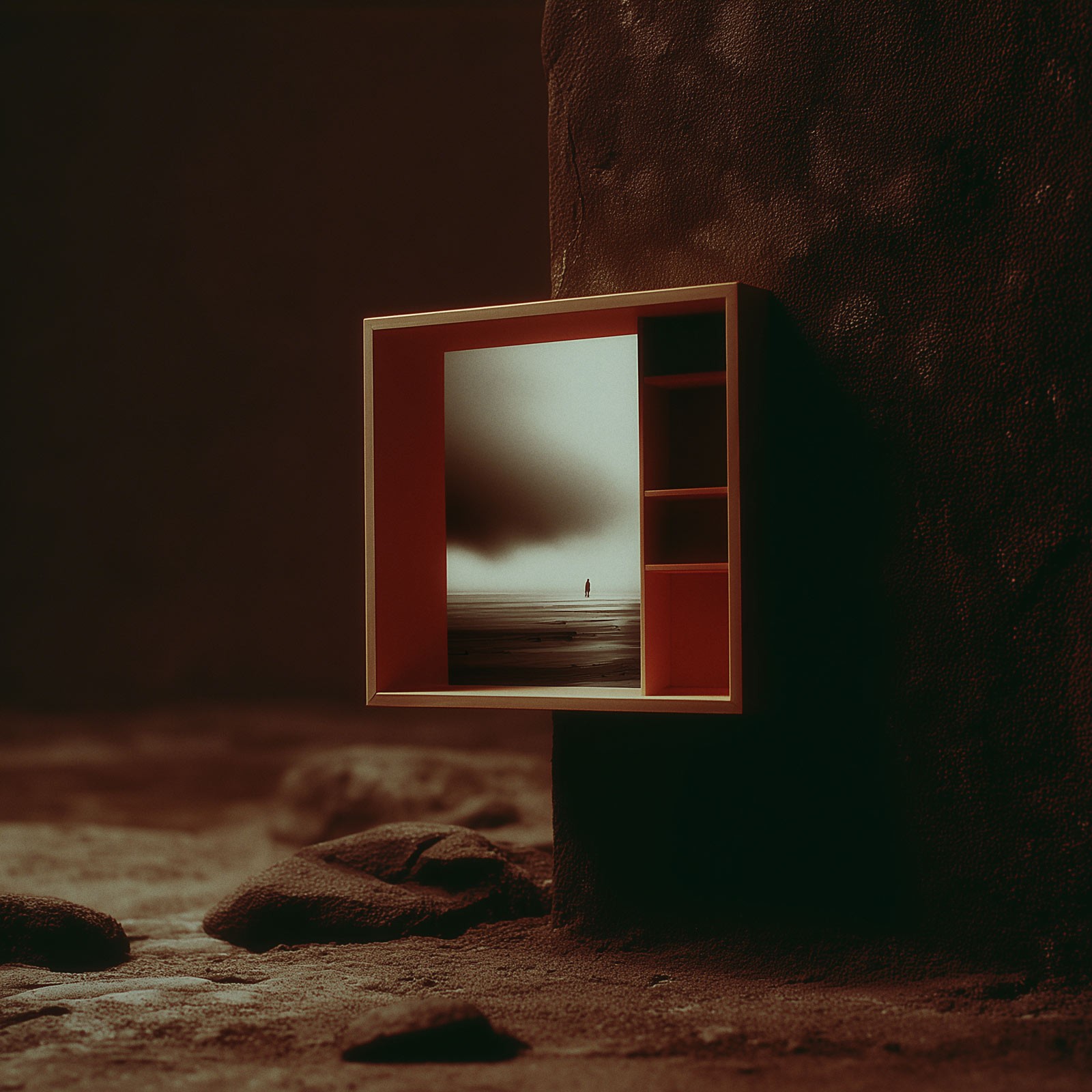 Red display cabinet with framed landscape artwork