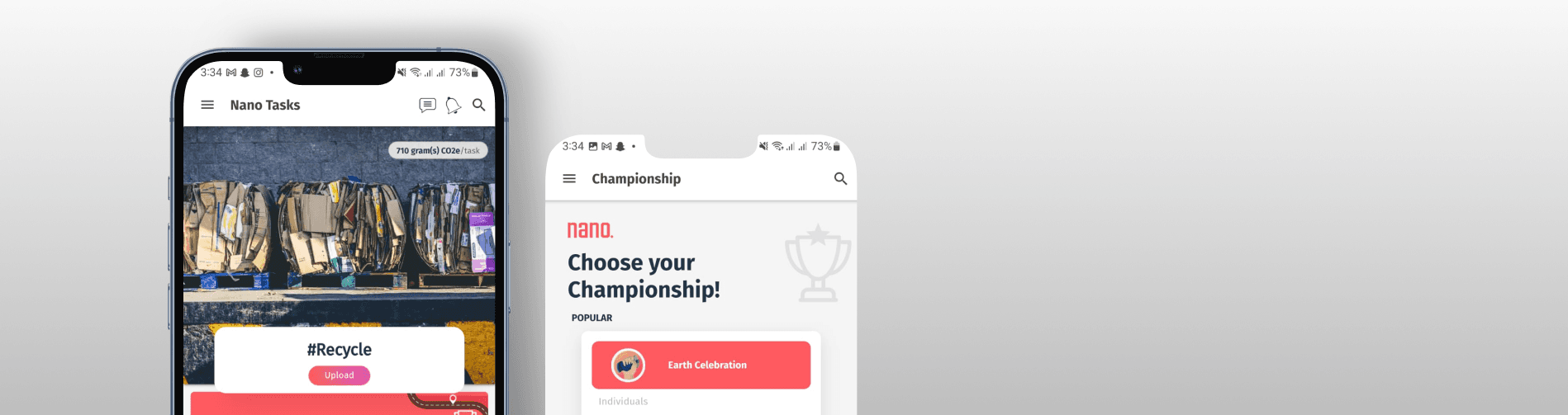 Mobile view of NANO platform showcasing eco-friendly activity tracking and reward system.