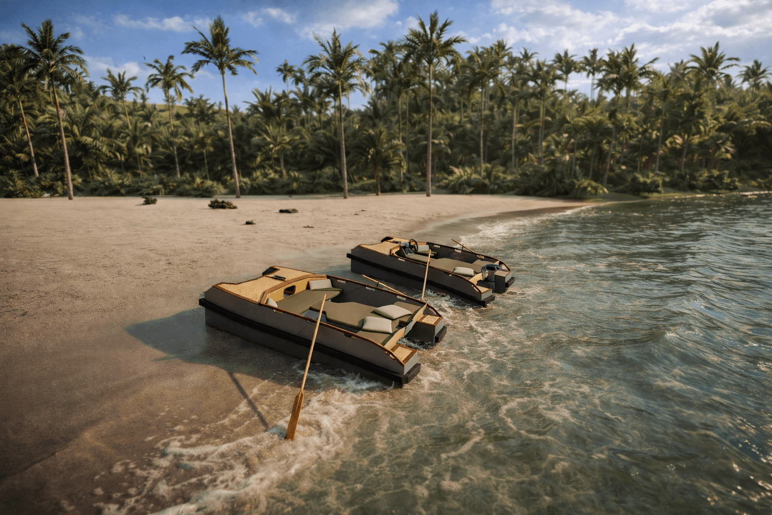 Concept design of a bespoke motor yacht by Ronan Ohier, highlighting luxurious interiors, multifunctional spaces, and sleek exterior lines.