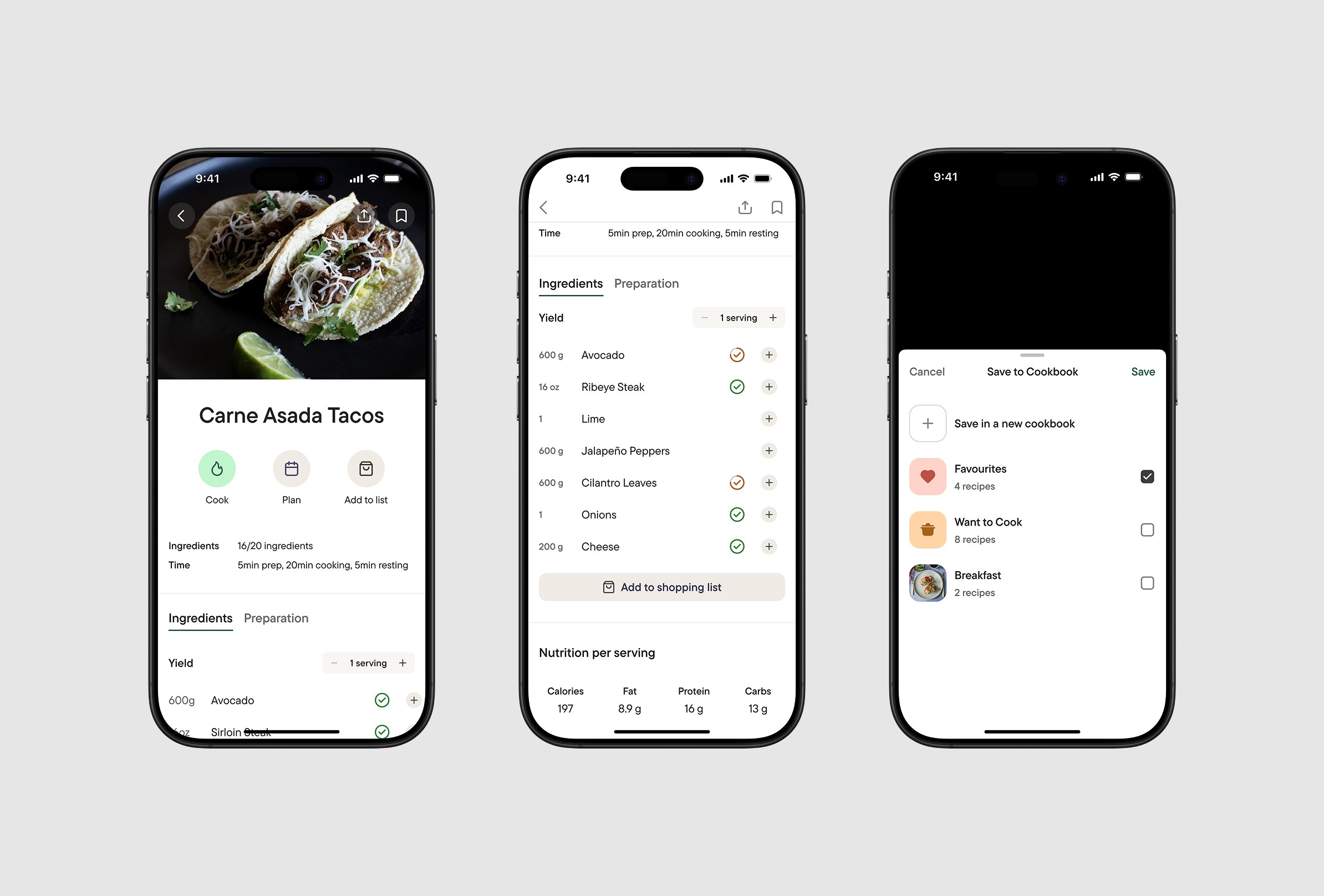 Recipe Detail and Recipe Detail (Scrolling) screens, and Save to Cookbook modal.