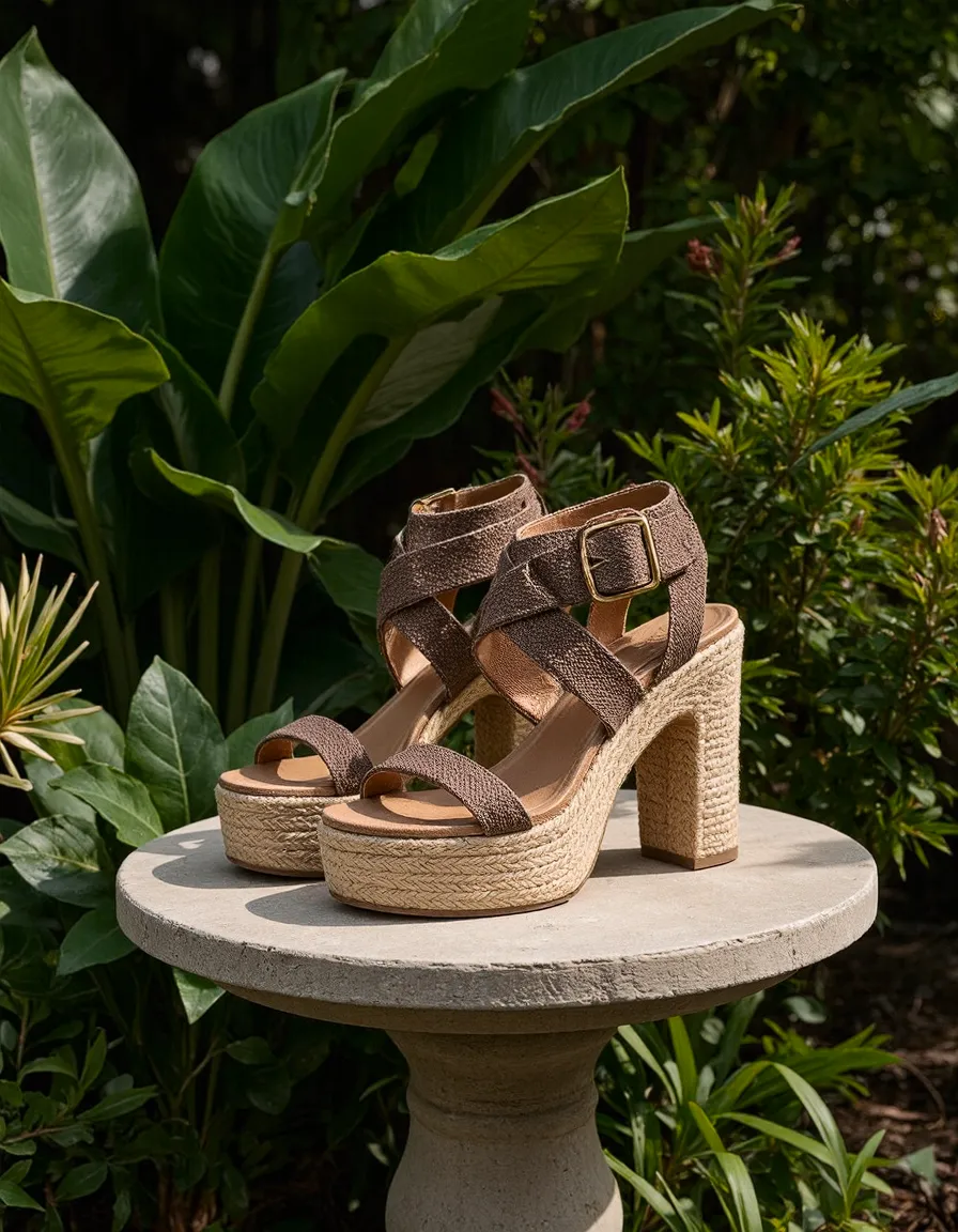 Brown textured espadrille platform sandals with chunky heels displayed on round concrete pedestal surrounded by tropical green foliage