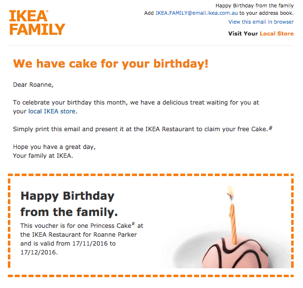 Birthday email marketing example from IKEA