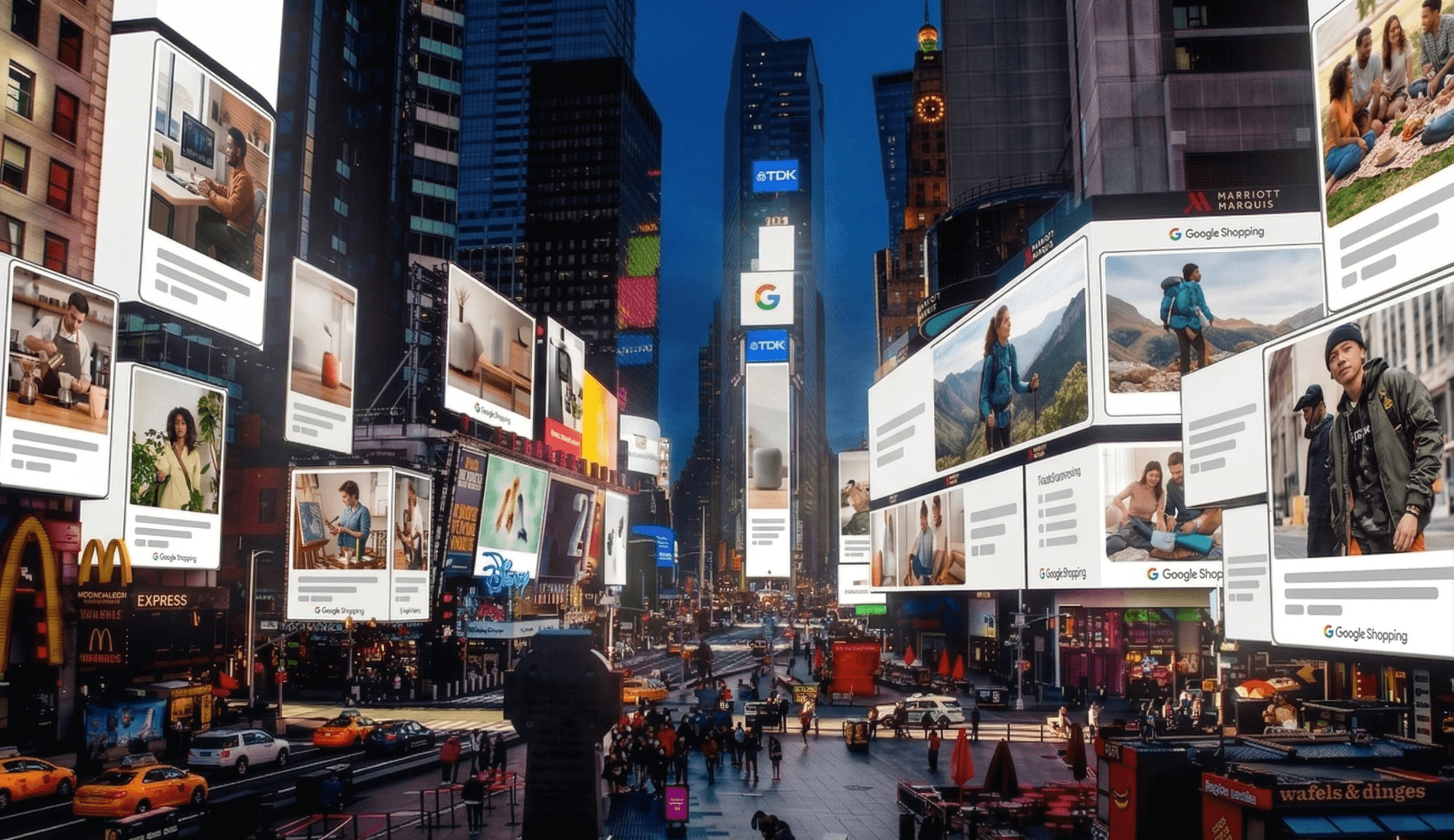Times Square billboards that are filled with Google Shopping ads showing lifestyle product pictures