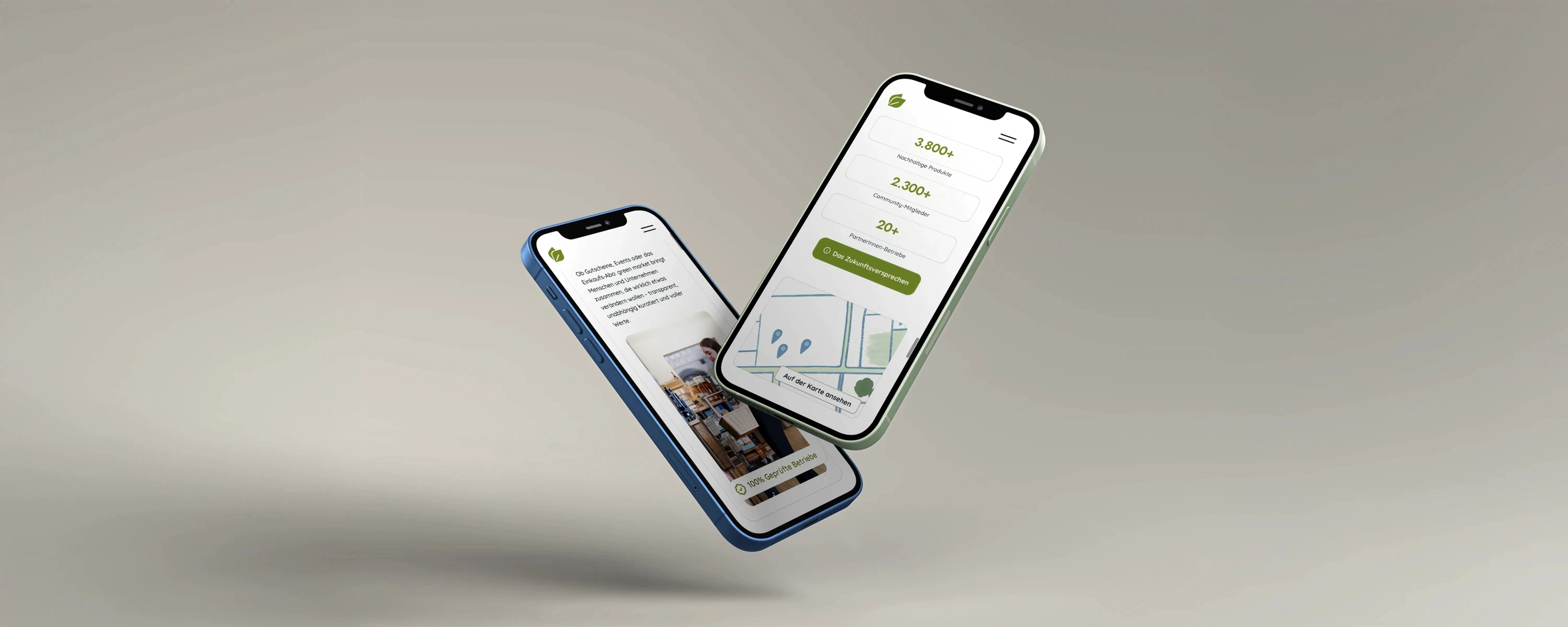 Ein Bild von zwei schwebenden Iphones welche die Website von green makret zeigen vor einem grauen Hintergrund.