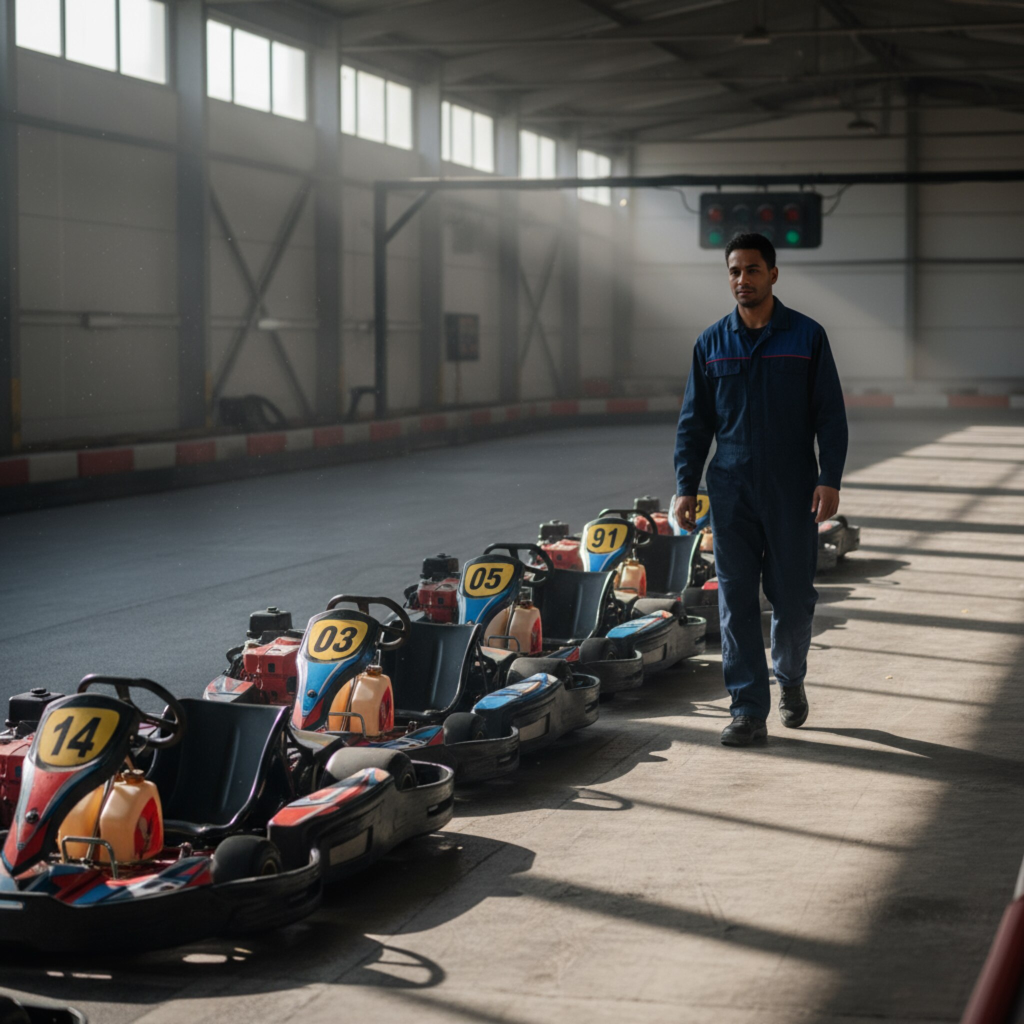 Ein Mitarbeiter geht die Boxengasse entlang und zählt mit ruhigem Blick die aufgereihten Karts ab. Lichtstreifen fallen über den Betonboden, Staubpartikel schimmern in der Luft. Im Hintergrund wartet die Strecke still, die Startampel ist ausgeschaltet, ein Moment fokussierter Vorbereitung.