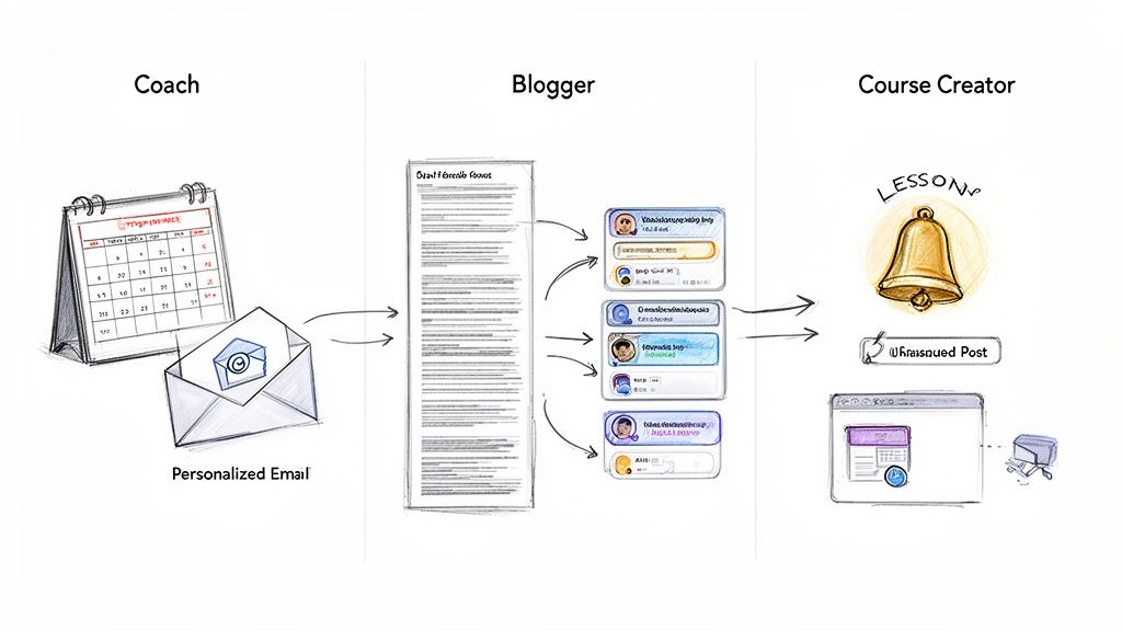 An illustration showing a content automation workflow from a coach's email to a blogger's post and a course creator's lesson.