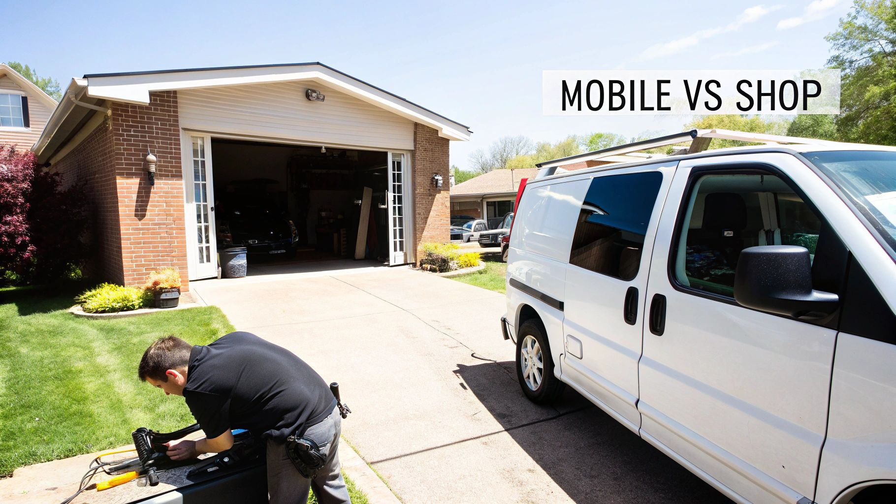 A man performs a repair outside a garage next to a service van, illustrating mobile versus shop service.