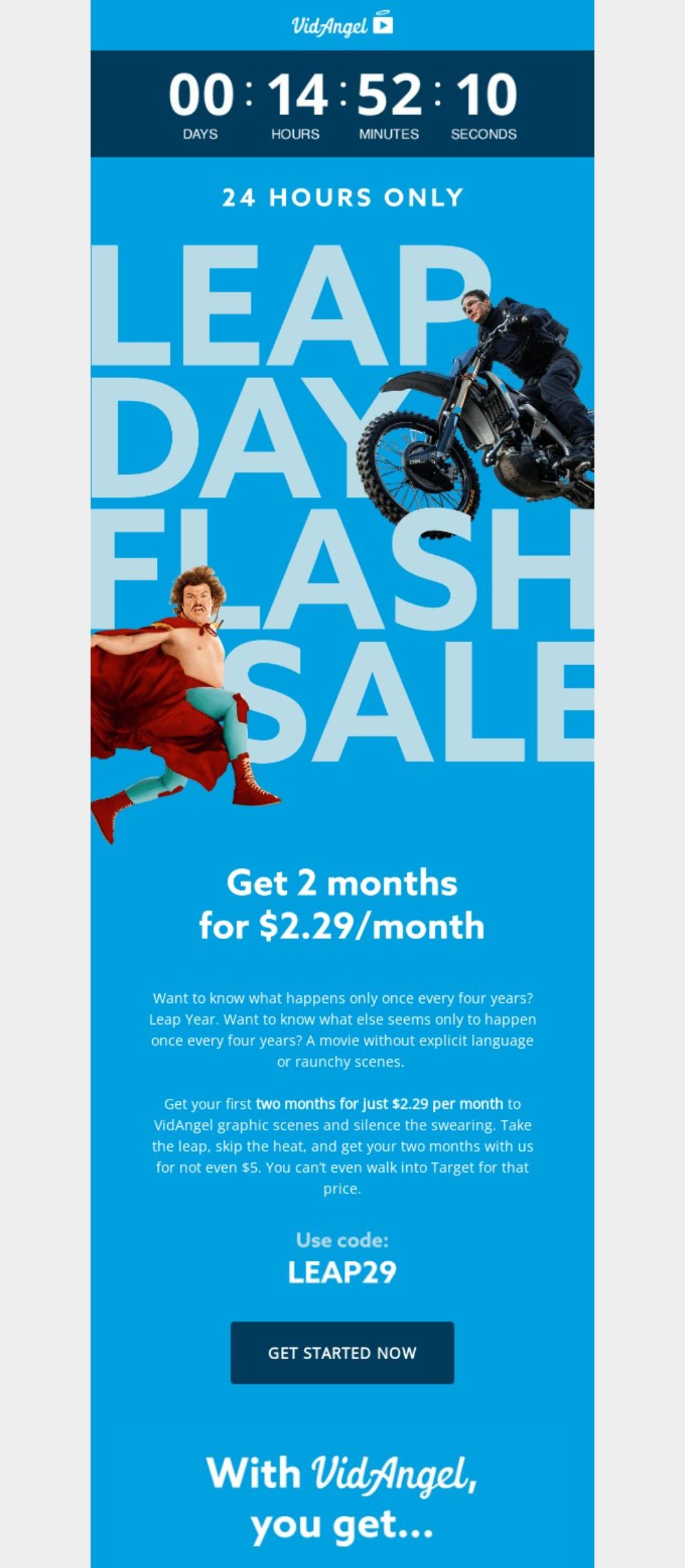 VidAngel Countdown Email: "A blue-themed email with a countdown timer and bold text promoting a Leap Day flash sale. Highlights a discounted subscription offer with action-packed imagery."