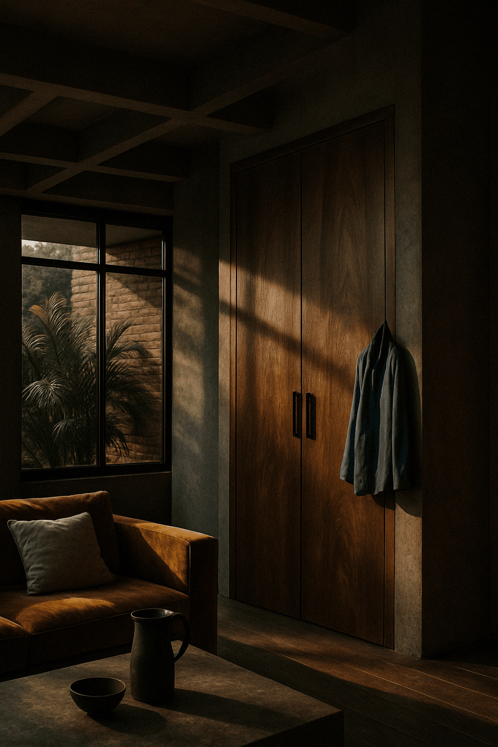 Warm brutalist living space with tactile materials, walnut cabinetry and velvet sofa — architectural interior by ODA in Belgium