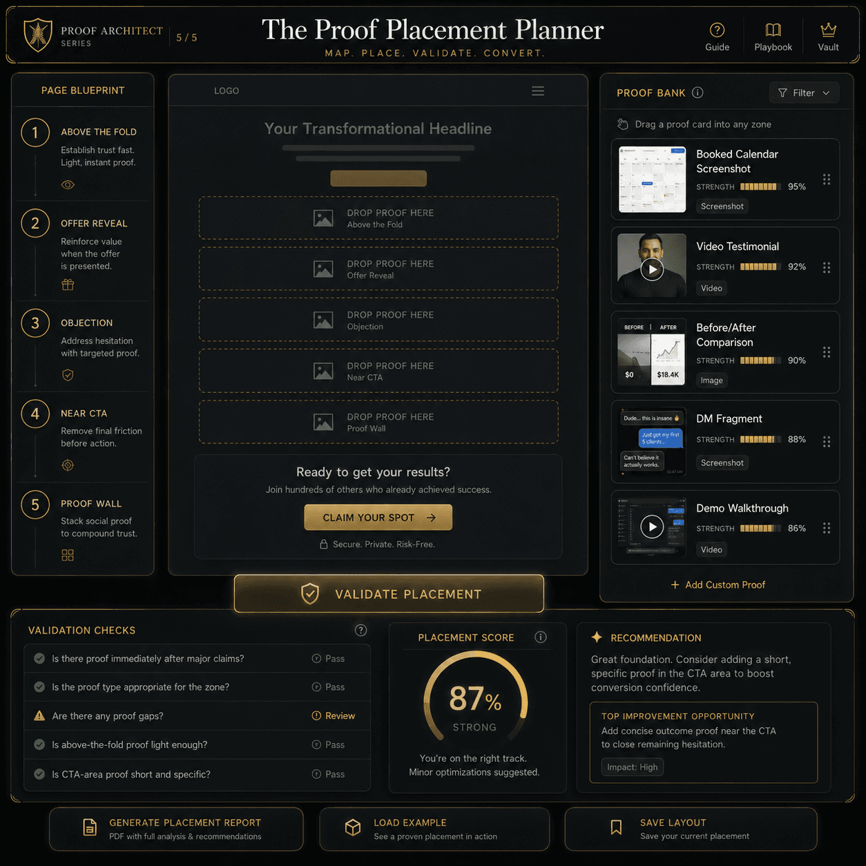 “The Proof Placement Planner” Concept: A minimalist, interactive page blueprint tool. The interface shows:  Left side: A vertical 5-zone page template (blank). Each zone has a drop zone for proof assets.  Right side: A proof bank sidebar showing available proof assets with strength scores (from Article #28). The user can drag and drop assets into zones.  Below the blueprint: A “Validate Placement” button that checks:  Is there proof immediately after major claims?  Is the proof type appropriate for the zone?  Are there any proof gaps?  Is above-the-fold proof light enough?  Is CTA-area proof short and specific?  Output: A placement score (0-100%) and specific recommendations.  Style: Luxury UI meets interactive page planner. Dark background, gold drop zones, proof cards with strength indicators. Feels like a serious page-building instrument.  Interaction: The user drags proof assets from the bank into the 5 zones. Clicking “Validate Placement” runs the diagnostic checks. A “Generate Placement Report” produces a downloadable PDF with scores and recommendations. A “Load Example” button shows a correctly placed page.