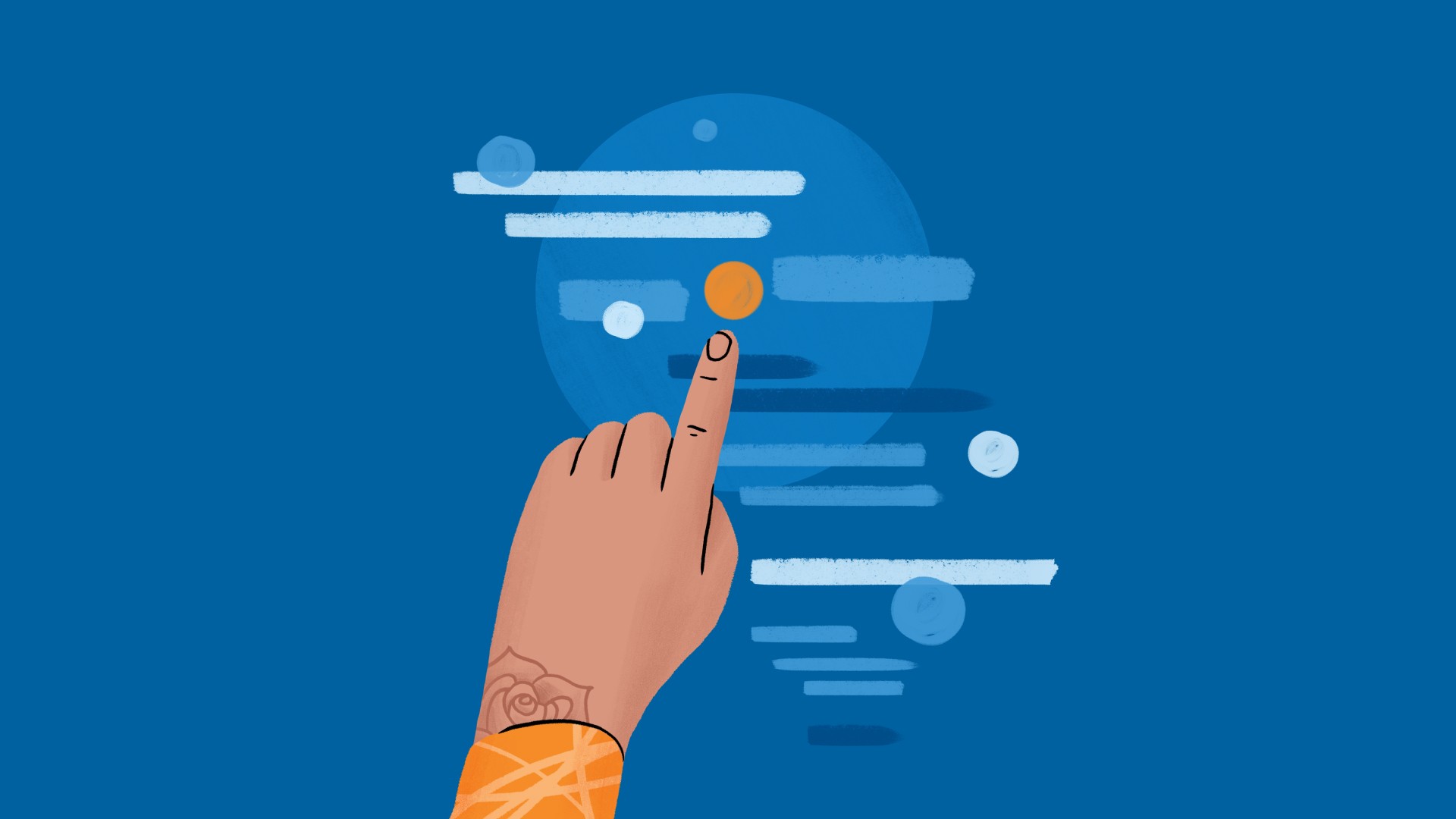 Hand pointing to an orange dot among blue lines and circles on a digital interface, representing Meta's ‘Sequence Learning’ AI system for ad recommendations.