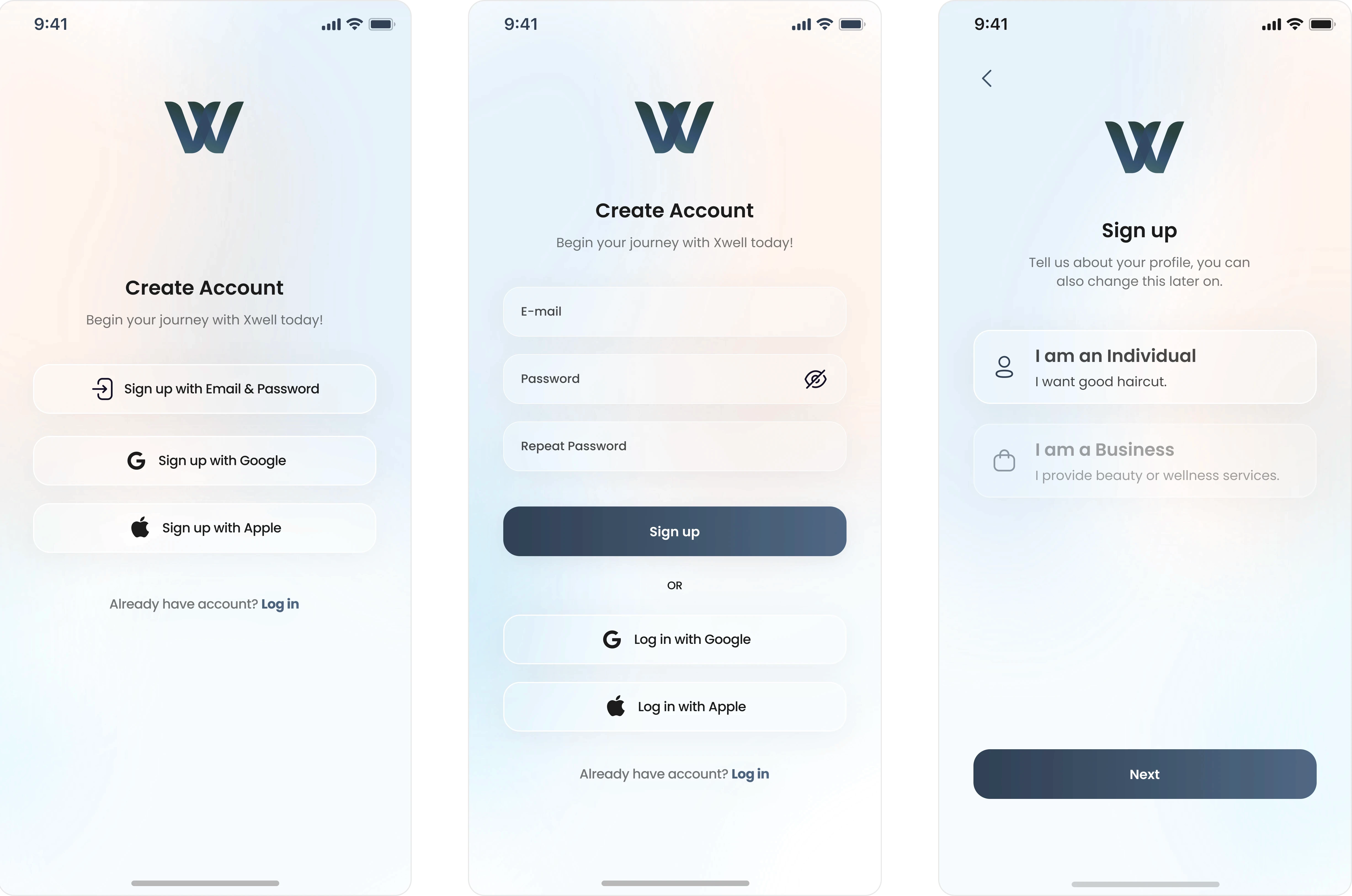 Three-screen onboarding and login flow from the redesigned Xwell mobile app — a beauty and wellness platform that connects users with local studios through a TikTok-style video discovery experience. The visuals show the welcome screen with a 3D character illustration, followed by clean, minimal login options including email, Google, and Apple sign-in. The UI emphasizes modern aesthetics, seamless onboarding, and a smooth transition into Xwell’s social, video-based service exploration and instant booking journey.