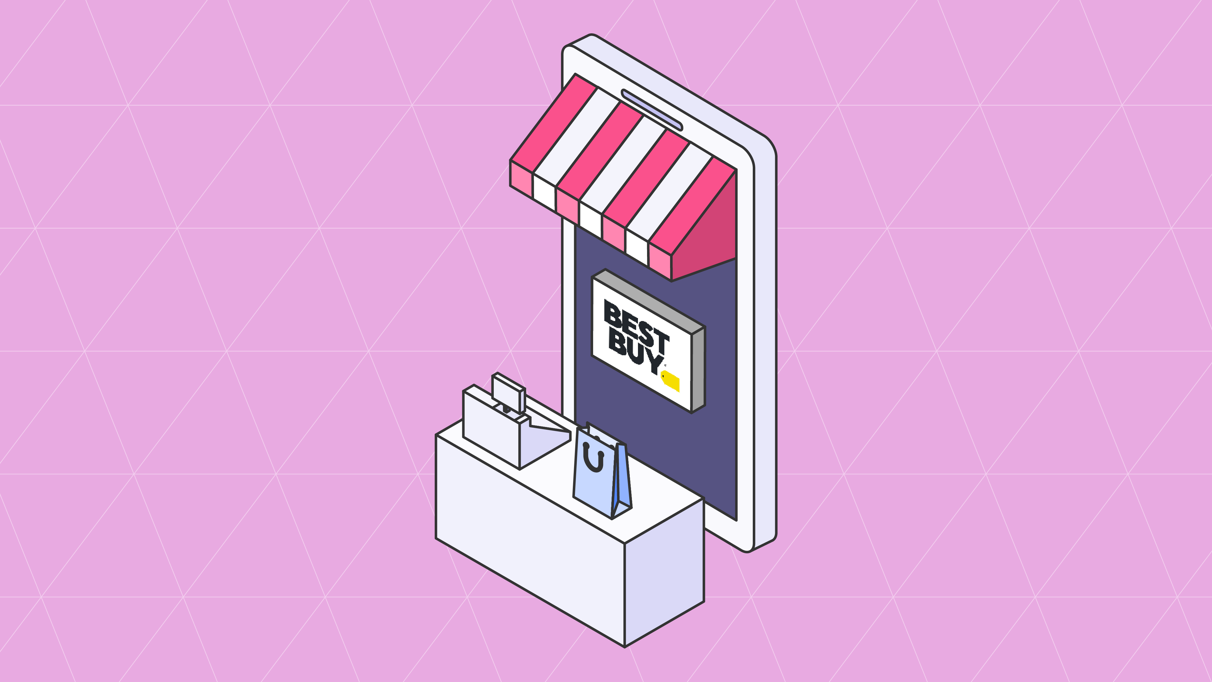Isometric illustration of a smartphone with a Best Buy storefront awning, a checkout counter, and a shopping bag on a pink background.