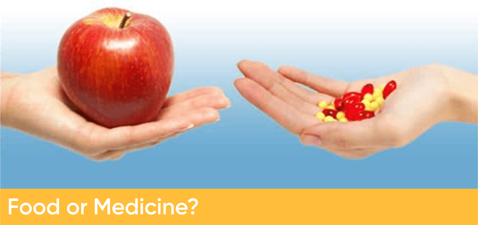 Hands comparing food versus medication choices highlighting affordability dilemmas.