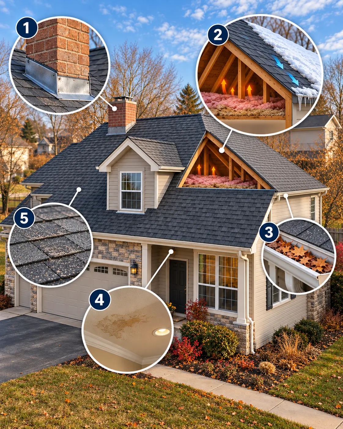 Home infographic showing roofing issues involving chimney flashing, attic heat, clogged gutters, ceiling moisture, and worn shingles before winter