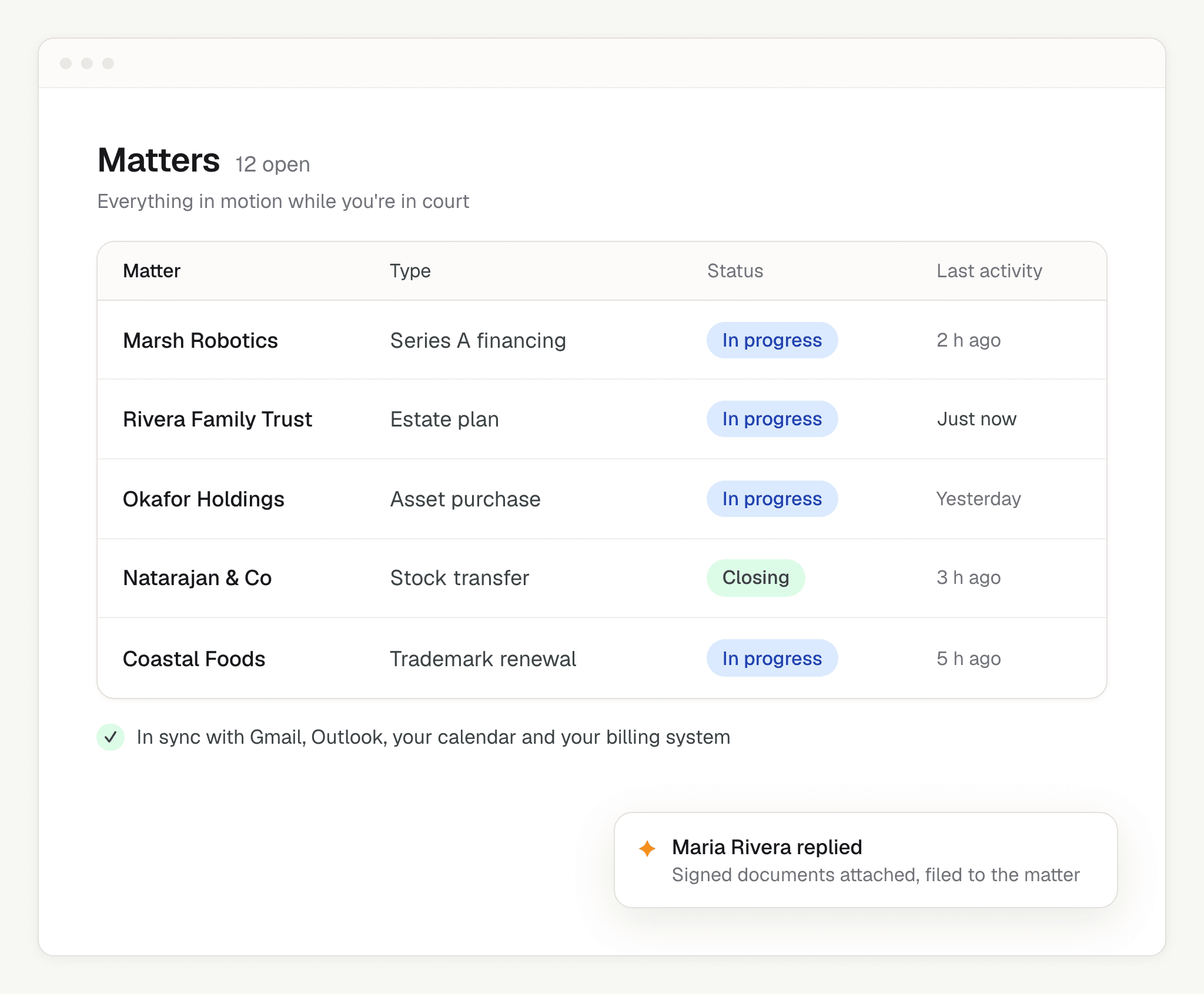 The Praxis matters list, in sync with Gmail, Outlook, calendar and the billing system