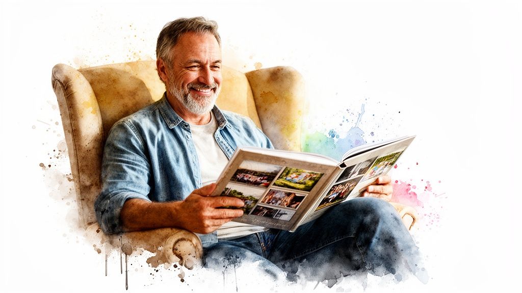 A happy senior man with a beard sits in an armchair, smiling while looking at a photo album.