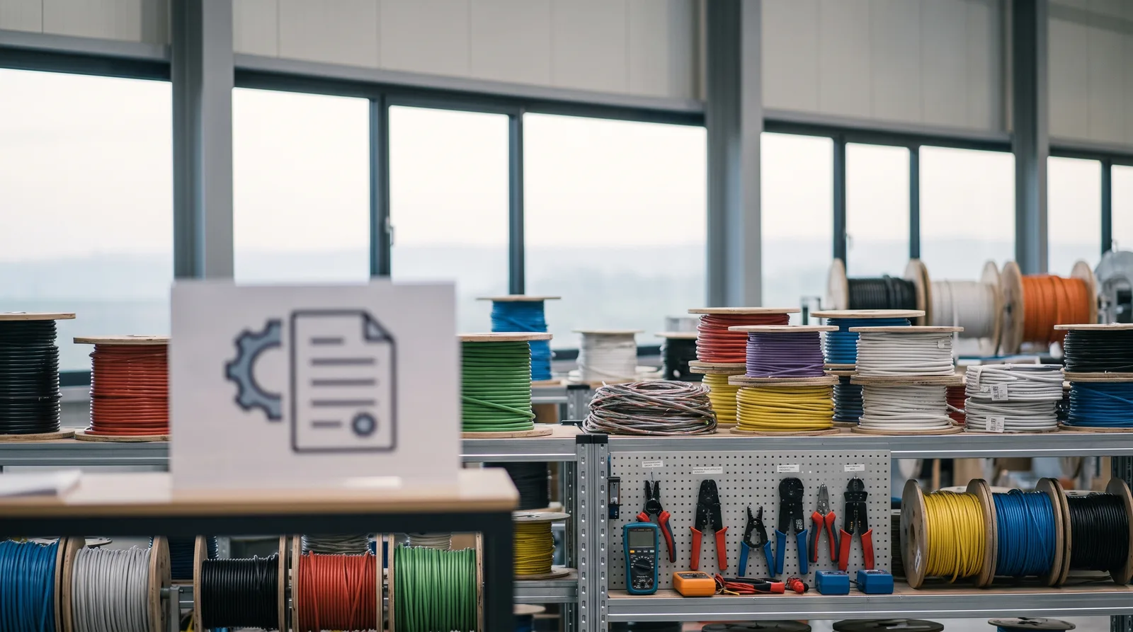Cables and Wiring Trading License in Dubai beside a Dubai trade license document and a modern office desk
