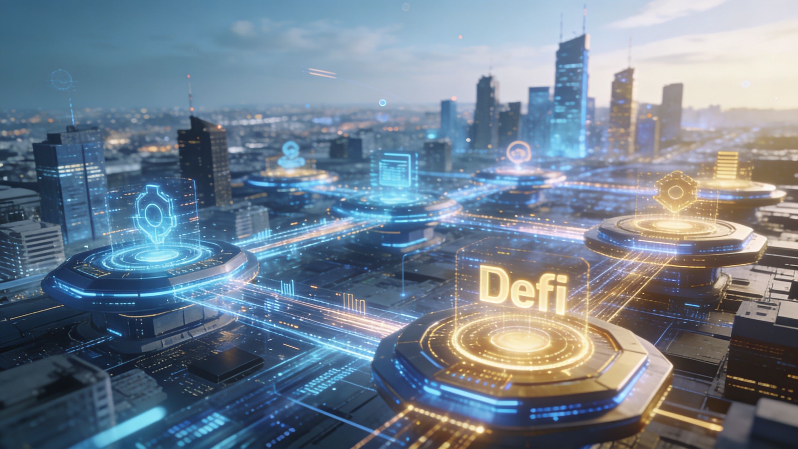 A digital cityscape featuring glowing holographic icons and a Defi label representing decentralized finance connectivity.
