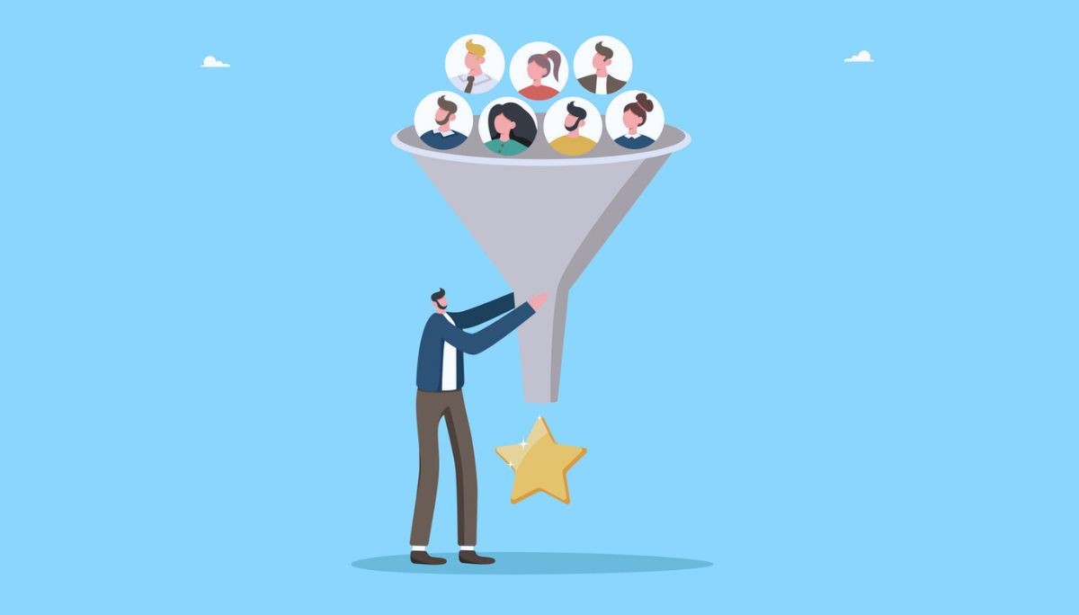 Illustration of a person reaching for a golden star emerging from a funnel filled with candidate profiles, symbolizing the recruitment funnel and selecting top talent.