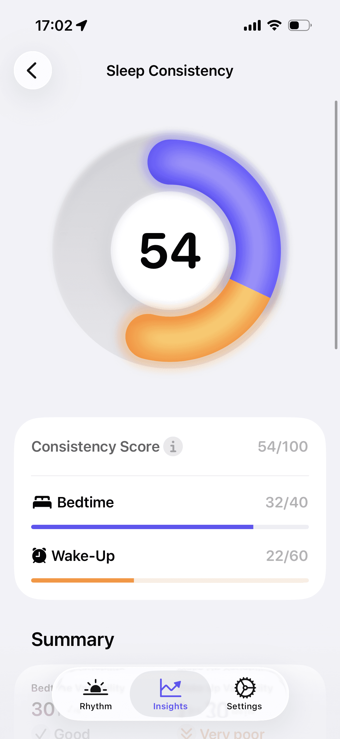 Screenshot showing the sleep consistency feature