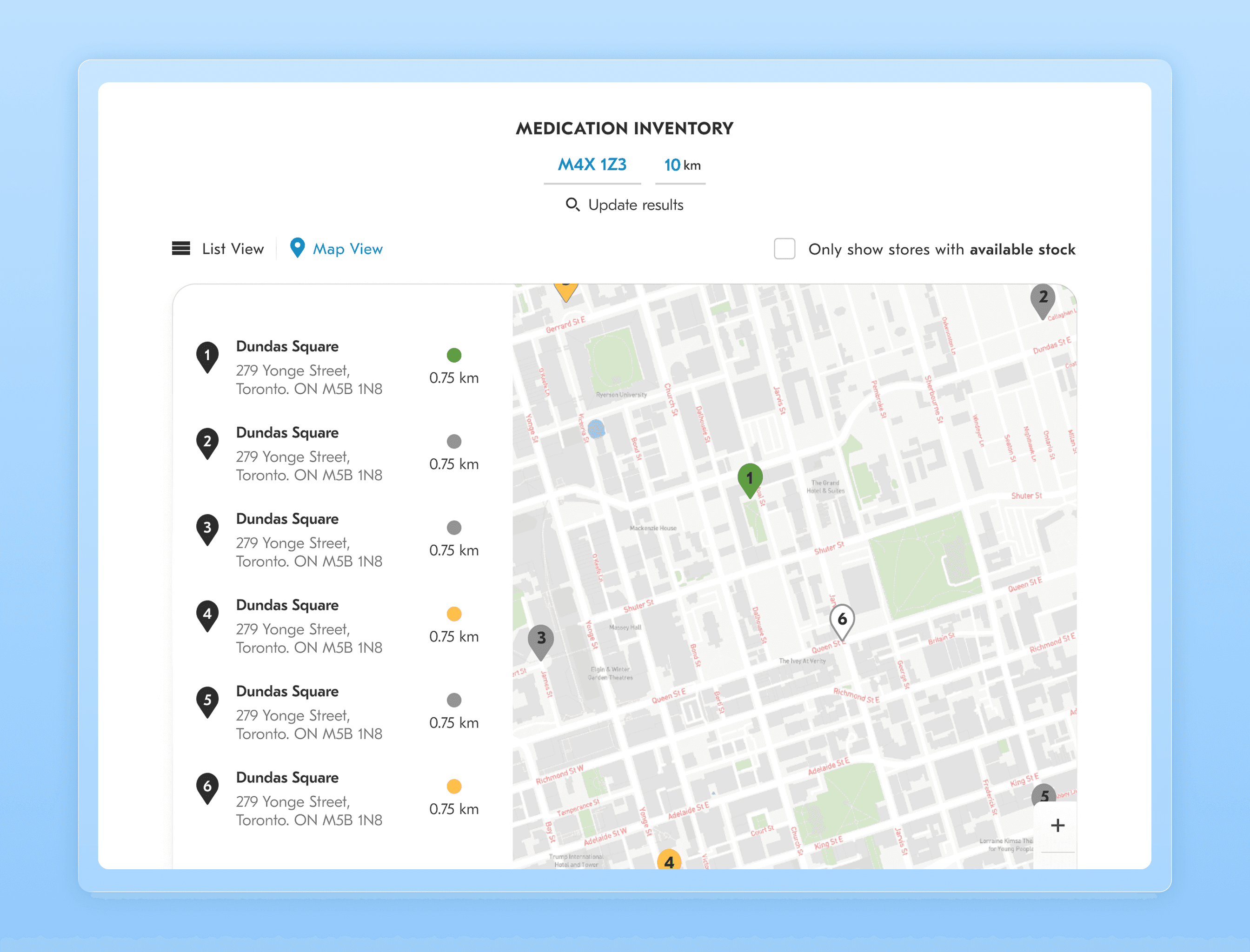 Flushot ui, shoing the store list and map interface.