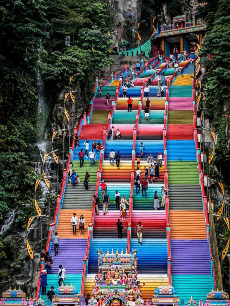 The 272 colourful steps leading to the entrance of Batu Cave