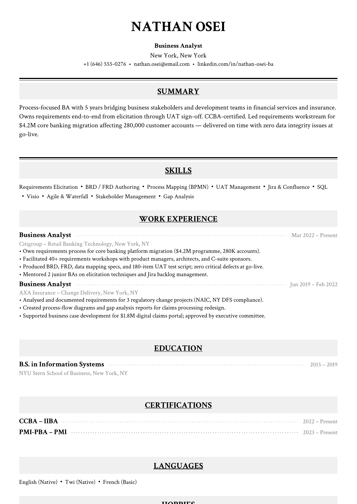 Mid-level business analyst resume example