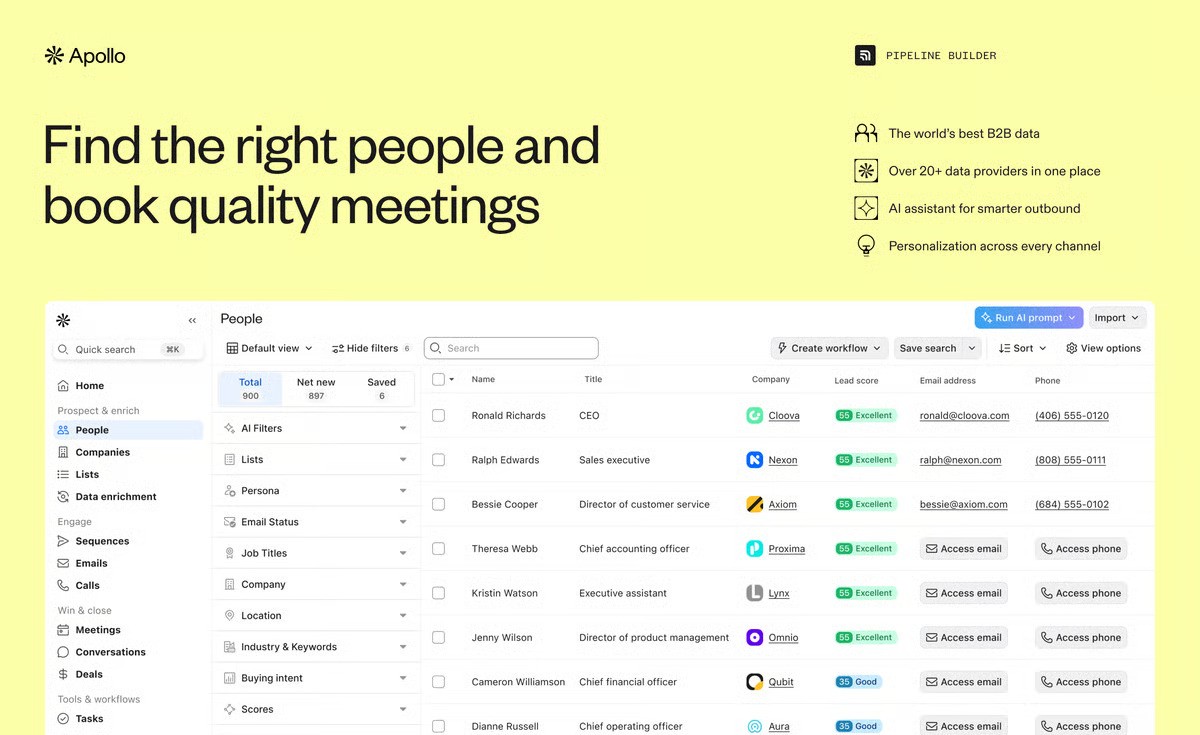 Apollo review main dashboard with contact search, sequencer overview, and AI assistant panel in single workspace.