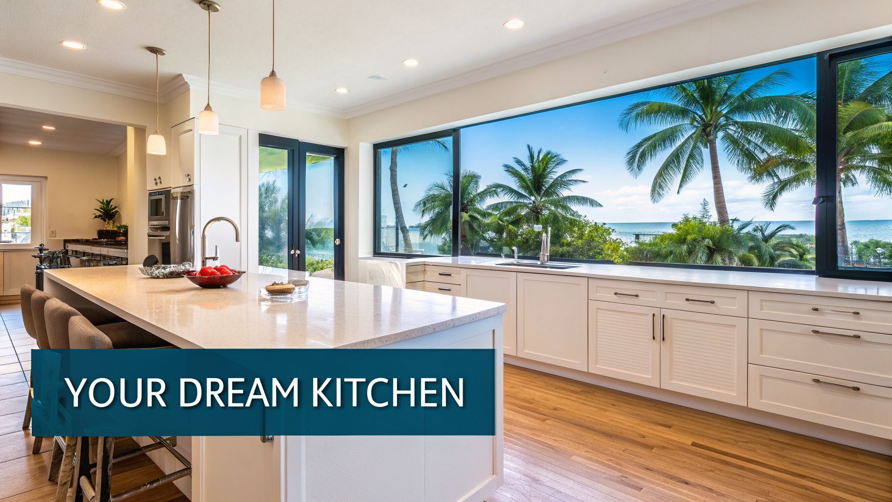 A luxurious modern kitchen with a large window offering a stunning ocean view with palm trees.
