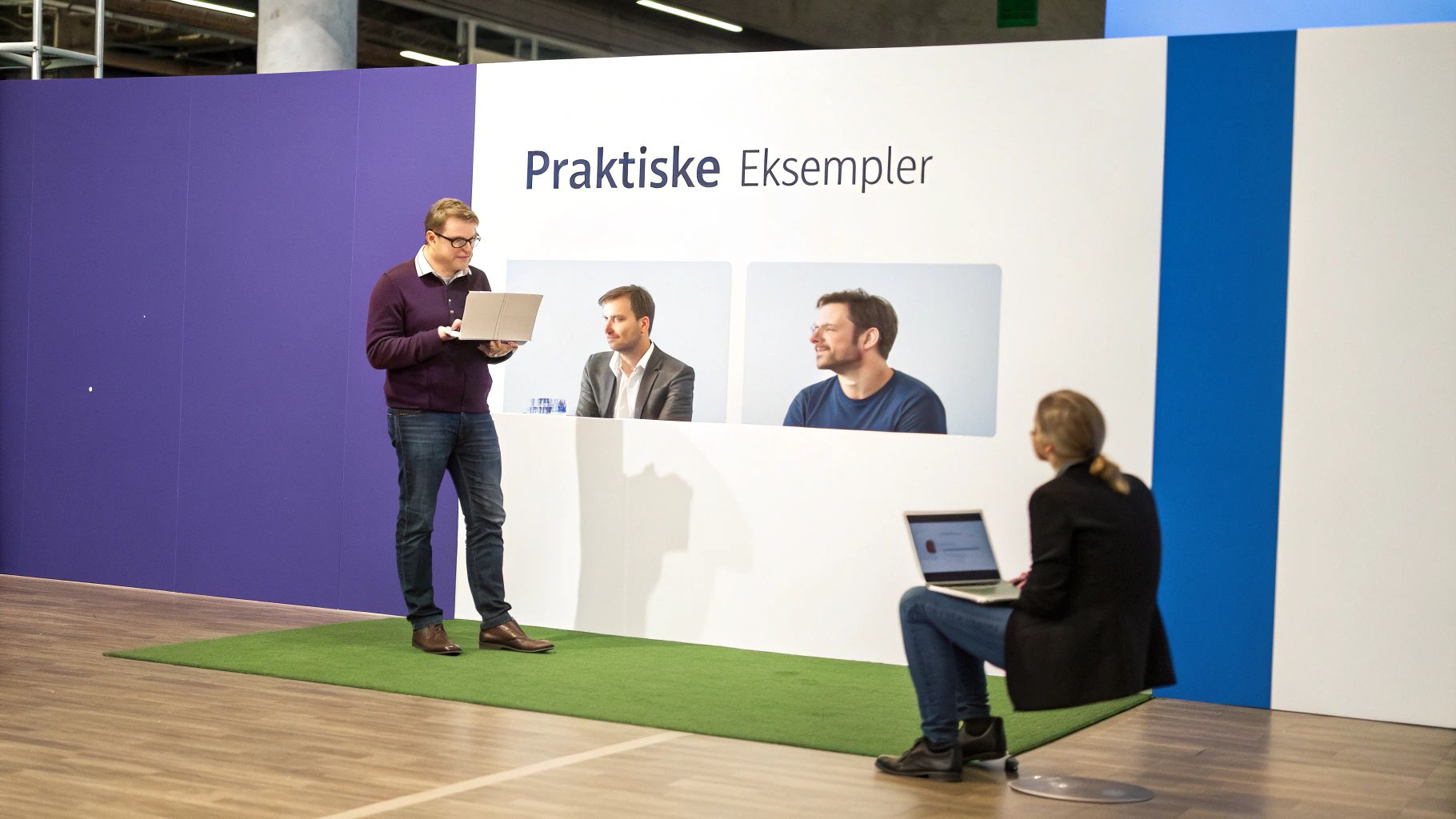 En mand præsenterer med en bærbar computer, mens en kvinde sidder og arbejder på en bærbar ved et arrangement.