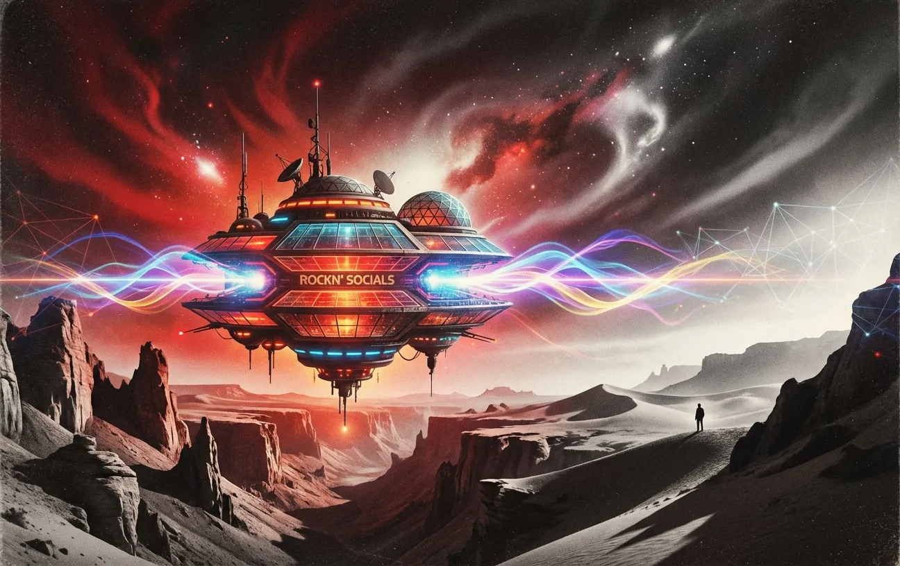 Spaceship with "RockN' Socials" over a canyon, symbolizing digital marketing.